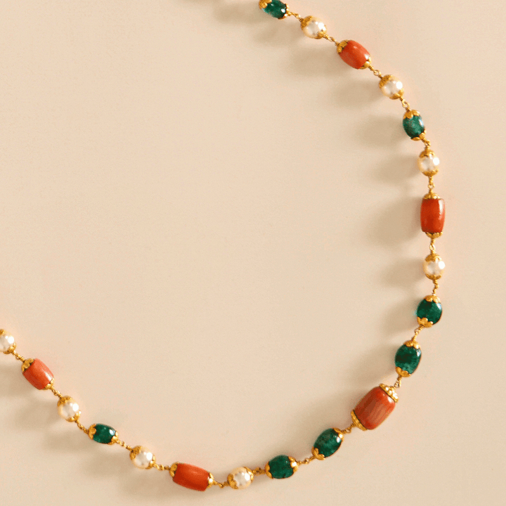 Vibrant Coral Beads Mala with Green and Gold Details - HS925
