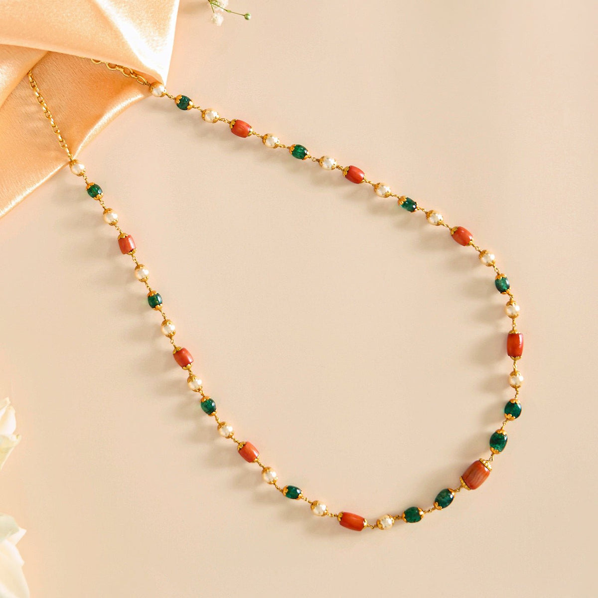 Vibrant Coral Beads Mala with Green and Gold Details - HS925