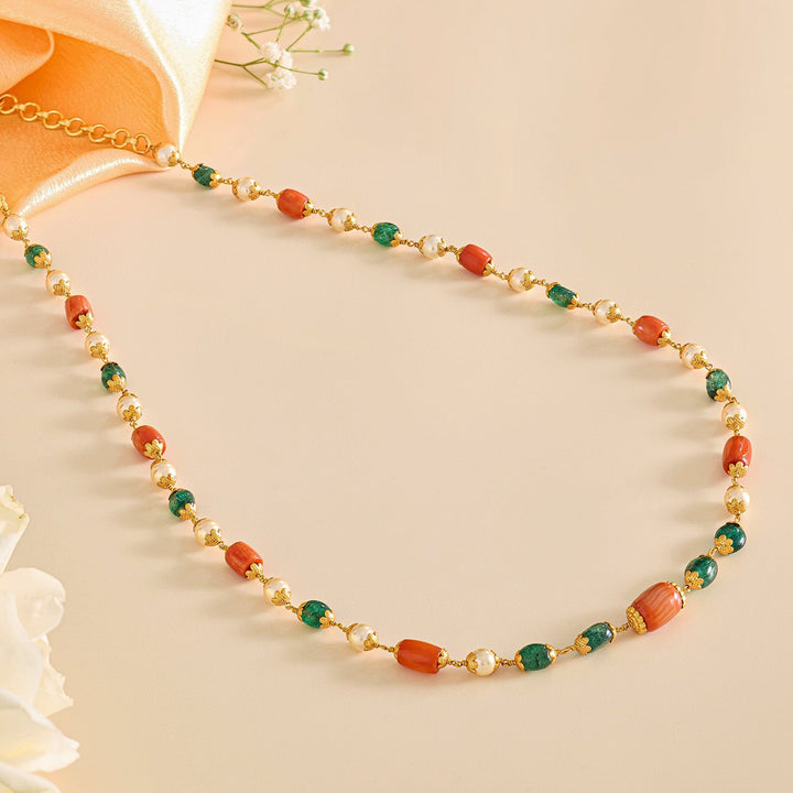 Vibrant Coral Beads Mala with Green and Gold Details - HS925