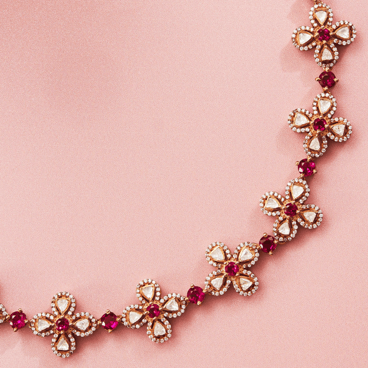 Victorian Stone Studded Necklace with Floral Design - HS925