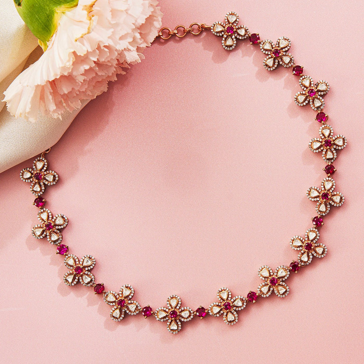 Victorian Stone Studded Necklace with Floral Design - HS925