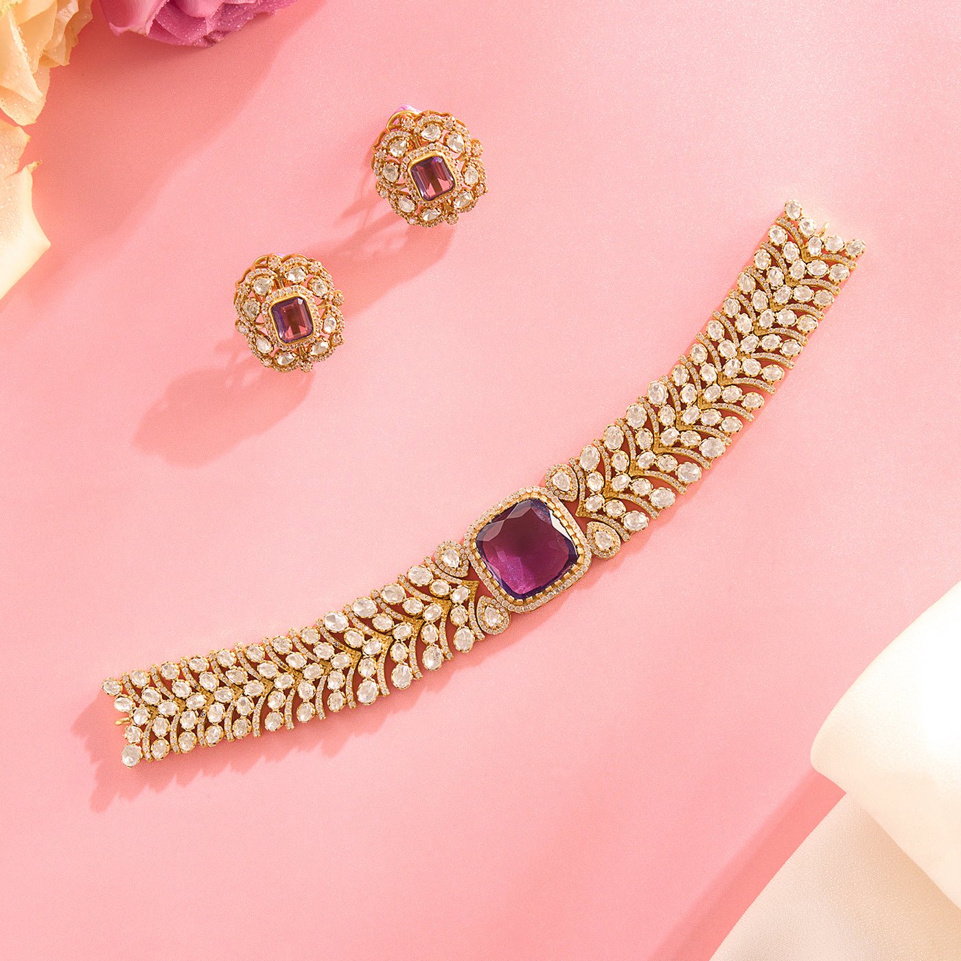 Violet Stone Choker Necklace with Moissanite Accents - HS925