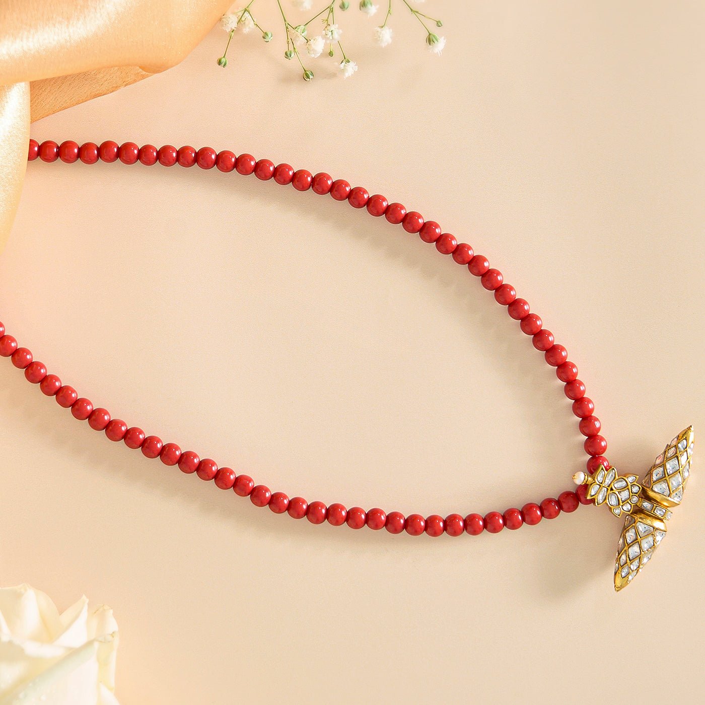 White Kundan Pendant Coral Mala - HS925