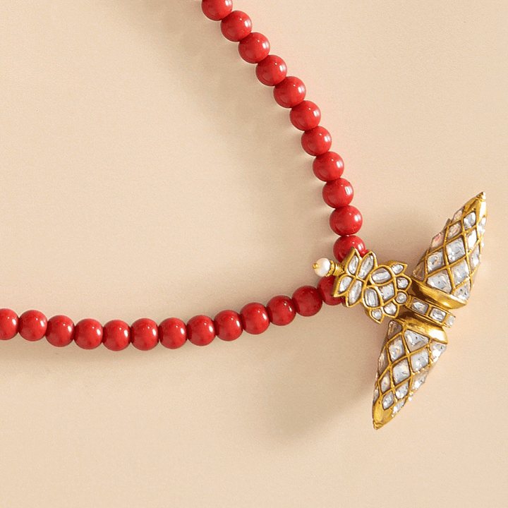 White Kundan Pendant Coral Mala - HS925