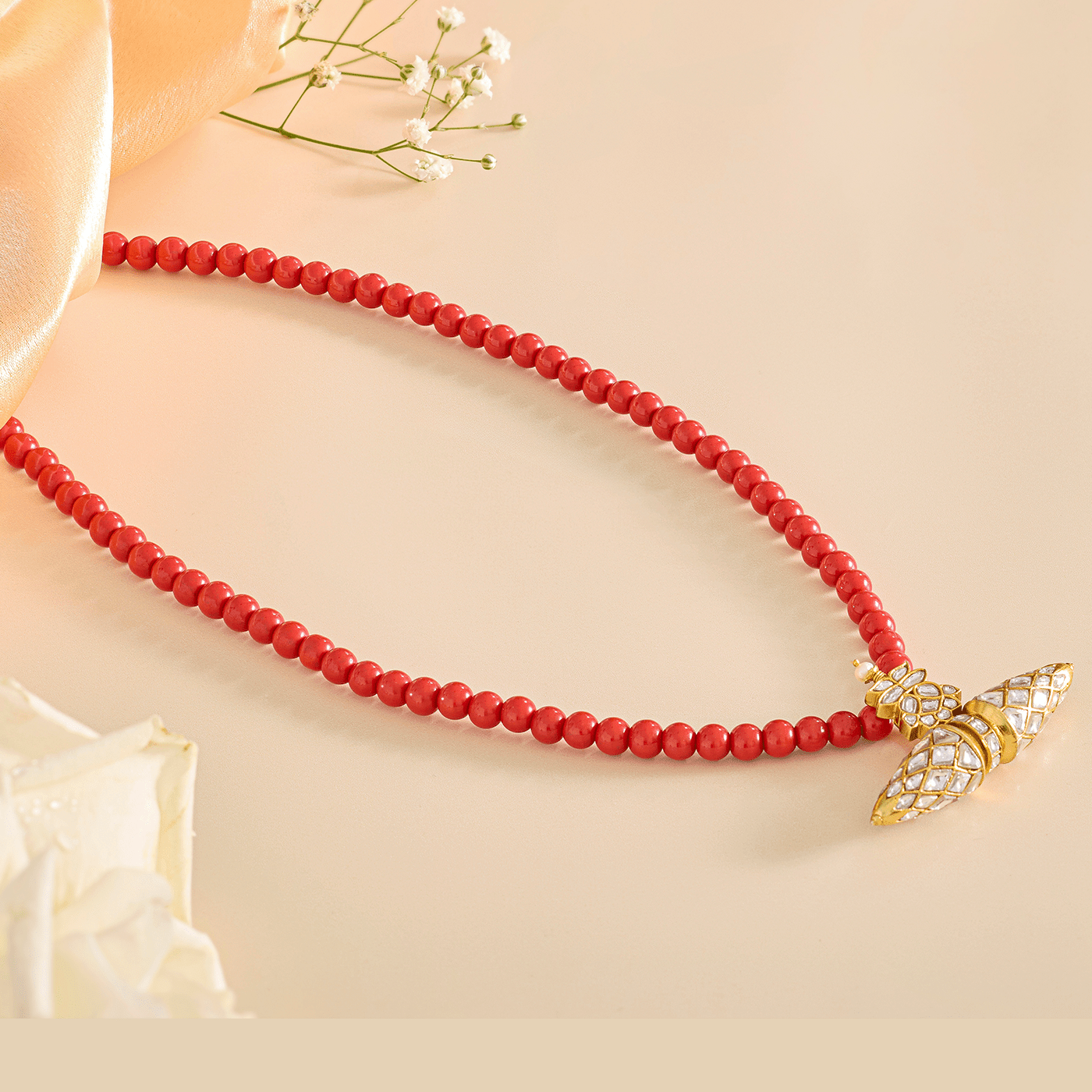 White Kundan Pendant Coral Mala - HS925
