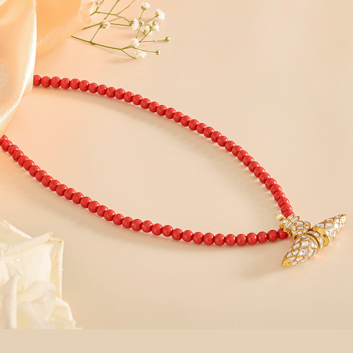 White Kundan Pendant Coral Mala - HS925